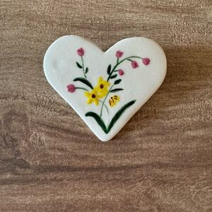 Vintage Ceramic Clay Hand Painted Floral Heart Brooch Pin